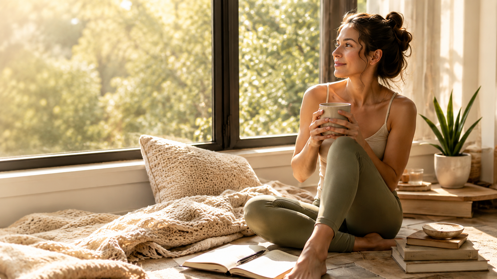 A woman enjoying a quiet cup of coffee in warm Sunday morning light